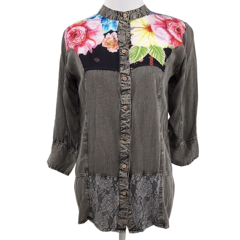 Avanie Blouse Womens‎ Small Gray Feeling Flirty Combo Floral Denim Lace Boho